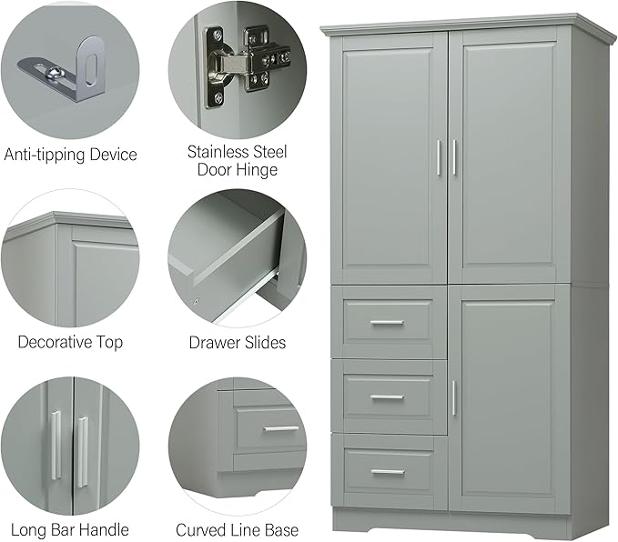 P PURLOVE Bathroom Storage Cabinet with 3 Drawers,Tall and Wide Bathroom Cabinet Standing,Wood Freestanding Tall Bathroom Cabinet for Kitchen,Living Room