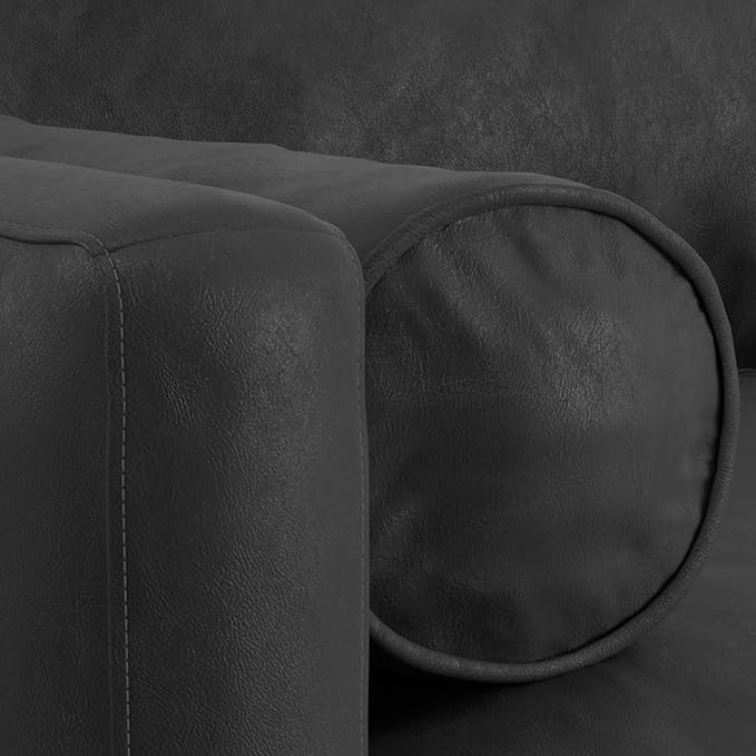 SIMPLIHOME Morrison 89-inch Wide Sofa in Lead Black Genuine Leather, Mid-Century Modern Design Couch for Living Room, Single Bench Cushion, 2 Back Cushions, 2 Bolster Pillows