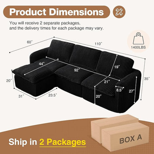 110'' Boneless Modular Sectional Couches for Living Room, Comfy Cloud Couch Sectional Sofas with Ottoman, Convertible L Shaped Couches for Apartment, Dorm, No Assembly Required, Black Corduroy