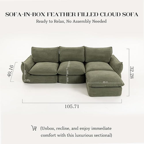 106'' Down Blend L-Shaped Sectional Sofa, Deep Seat Feather-Filled Cushions, Oversized Cloud Couch with Sink-in Comfort, Modern Living Room Sofa – Sage Mist