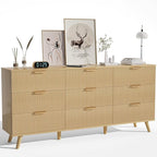 63" Long 9 Drawer Dresser for Bedroom, Modern Chest with Fluted Detailing, Light Wood Boho Dresser and TV Stand, Stylish Storage Organizer for Living Room, Hallway, or Closet, Light Wood