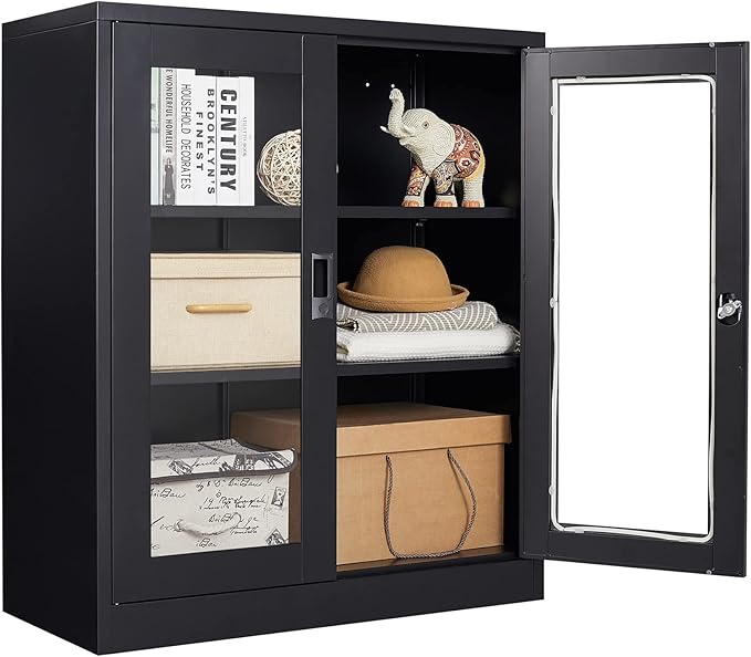 SISESOL Black Metal Storage Cabinet with Doors and Shelves,36 inch Locking Display Cabinet with Acrylic Doors,Office Cabinets with Lock,Sideboard Cabinets for Home Office,Living/Dining/Utility Room,