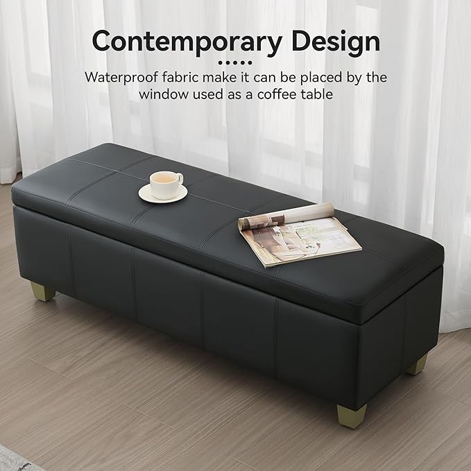 51" Faux Leather Storage Ottoman, Stitch Tufted Rectangle Upholstered End of Bed Storage Bench, Entryway Large Couch Ottoman with Wooden Legs, Dark Black