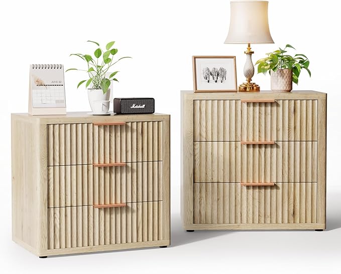 Night Stand with 3 Drawers, 23" Wide Modern Bedside Table with Large Storage, Fluted Bed Side End Table with Metal Handle, Tall Nightstand for Bedroom, Living Room, Office, Nature, Set of 2