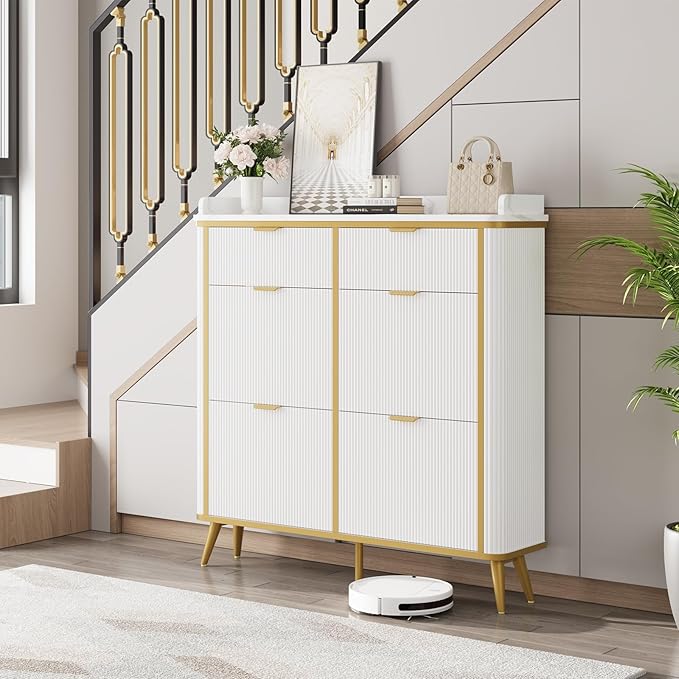 Fluted Shoe Cabinet Storage, Freestanding Hidden Shoe Organizer with 4 Flip Drawers & 2 Drawers, Wood Narrow Shoe Rack Cabinet with Adjustable Shelves for Entryway, Foyer, Hallway, White