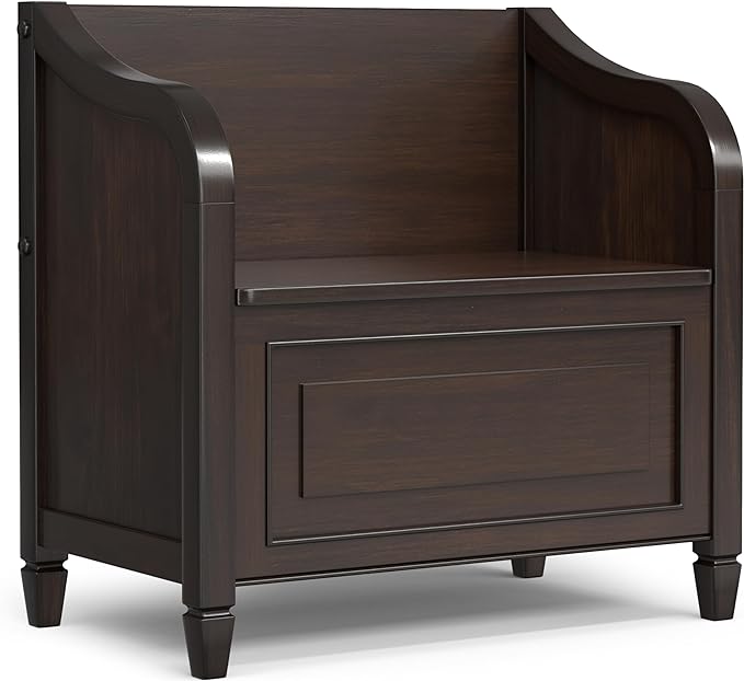 SIMPLIHOME Connaught Entryway Storage Bench - 30 inch Wide Solid Wood Small Storage Seat in Chestnut Brown, Traditional Bench for Entryway or Living Room with Lift-Up Lid and Decorative Trim