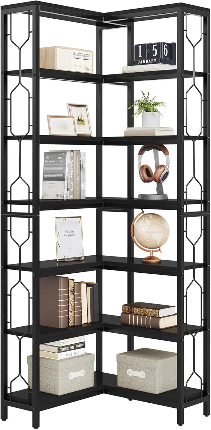 Tribesigns Corner Shelf, 7-Tier Industrial Corner Bookshelf, Wood and Metal Corner Etagere Bookcase, Freestanding Display Shelf for Living Room, Kitchen, Home Office, Black