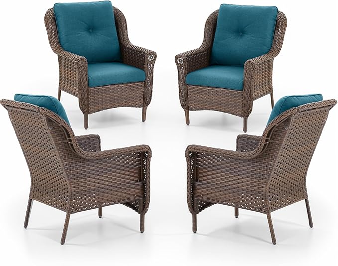 Patio Wicker Chairs Outdoor Furniture Chair - Set of 4 Outside All Weather Lawn Dining Brown Rattan Armchair with High Back&Deep Seating for Deck Porch Balcony Backyard Garden - Peacock Blue
