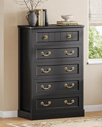 AOGLLATI Farmhouse 5 Drawers Dresser for Bedroom, 48” Tall Wood Rustic Chest of Drawers with Natural Texture, Vintage Design, Black Storage Dresser for Bedroom, Black