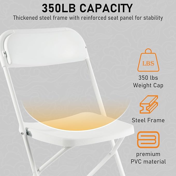 SEALAMB 6 Pack White Plastic Folding Chairs for Indoor Outdoor, Portable Commercial Seat with Steel Frame for Home Office Wedding Party Events, 350lb Capacity (White-Plastic, 6 Pack)