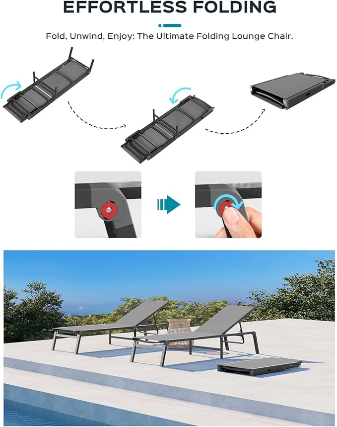 Aluminum Chaise Lounge Ourdoor - Foldable & Assemble Free Outdoor Lounge Chair with 5 Adjustable Backrest, Patio Lounge Chair for Outside Poolside Beach Pool, Grey