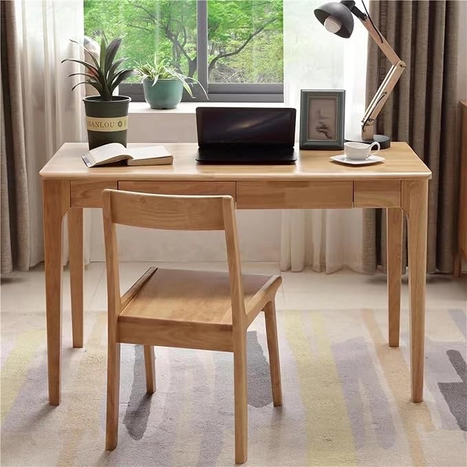 Solid Wood Desk with Drawers, Small Computer Desk for Small Spaces, Gaming Study Home Office Desks for Work, Student PC Desk for Bedroom, Escritorios para Cuartos (Wood Color, 47inch)