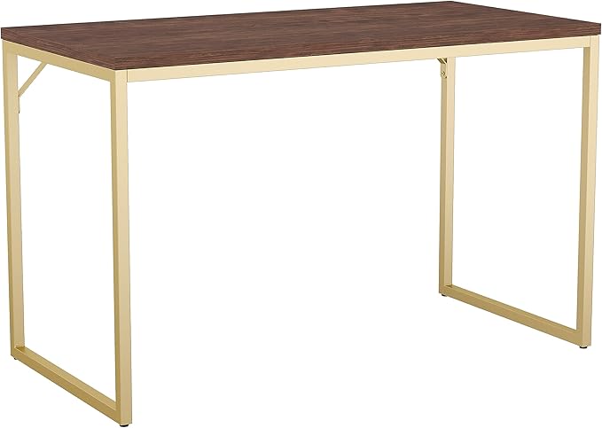 Martha Stewart Noah Home Office Parsons Desk in Walnut Wood Grain with Polished Brass Metal Frame