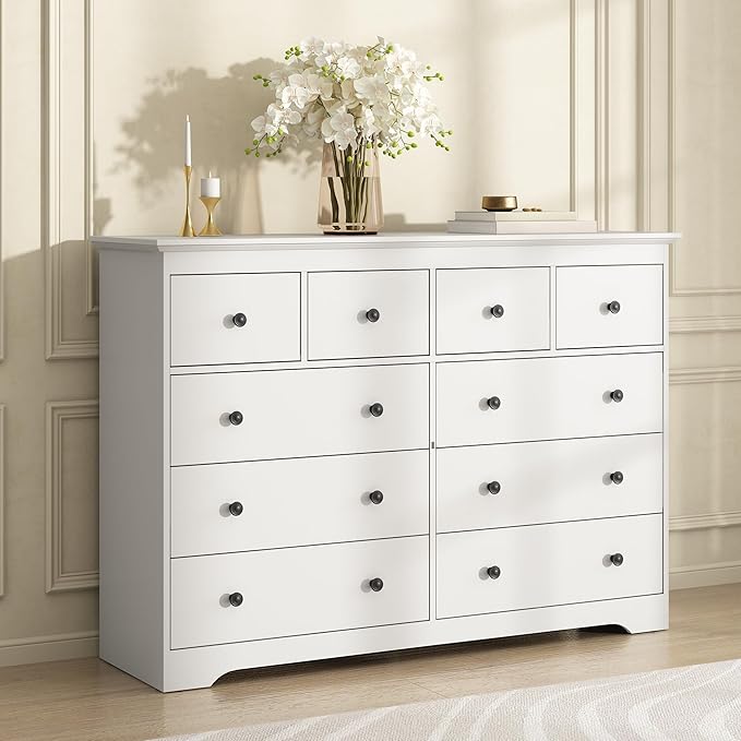 White Dresser for Bedroom, 10 Drawer Dresser with Large Drawers, 55 Inch Wide Wood Chest for Living Room, Hallway