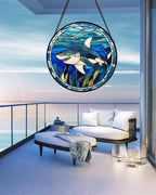 Stained Glass Suncatcher, Blue Ocean Big Shark Sun Catcher Waterweed Stain Glass Window Hanging Decoration Mother's Day Birthday Gifts for Women Men Mom Nana 9.8 in