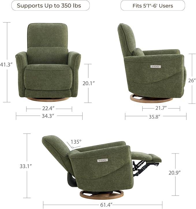 CHITA Power Nursery Rocking Chair, Swivel Glider Recliner Chair with Solid Wood Base, Bulit-in USB & Type-C Charging Ports for Living Room, FSC Certified, Moss Green