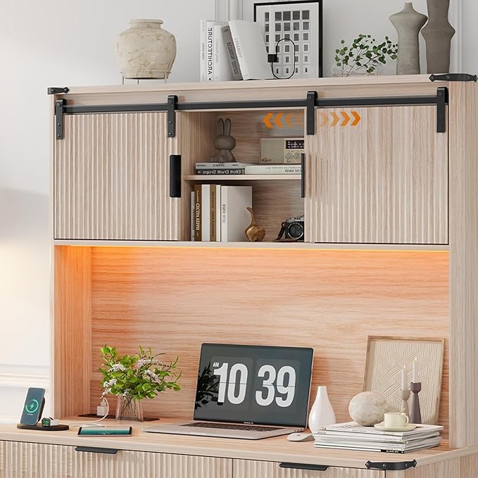 Farmhouse 67" H Executive Desk with Fluted Drawers,4 Drawers Fluted Computer Desk with LED Light,Charging Hub,Wood Workstation with Hutch and Sliding Barn Doors for Work and Study