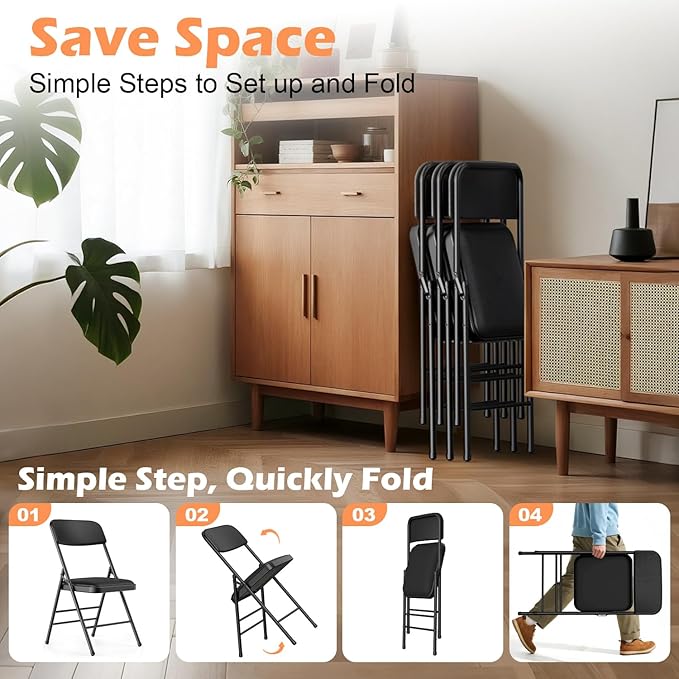 Commercial Grade Folding Chair with Padded Fabric Cushion（16"X16" |Double-hinged Legs Luxury Style|4.5kg Capacity Max Weight 150Kg for Home and Office,Indoor and Outdoor Events (2, PU-Black)