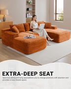 108" Cloud Sectional Couch,Modern Modular Sectional Sofa with Deep Seat,Corduroy Boneless Couches with L-Shape Chaise for Living Room,No Assembly Required (Orange, Left Facing Chaise + Ottoman)