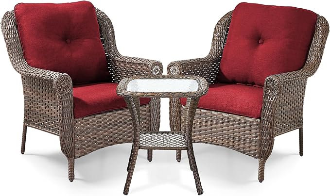 3 Piece Patio Brown Wicker Chairs with Side Table - Outdoor High Back Heavy Duty All-Weather Lawn Dining Rattan Chair Conversation Bistro Set for Deck Porch Balcony Backyard Garden - Red