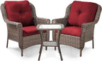 3 Piece Patio Brown Wicker Chairs with Side Table - Outdoor High Back Heavy Duty All-Weather Lawn Dining Rattan Chair Conversation Bistro Set for Deck Porch Balcony Backyard Garden - Red