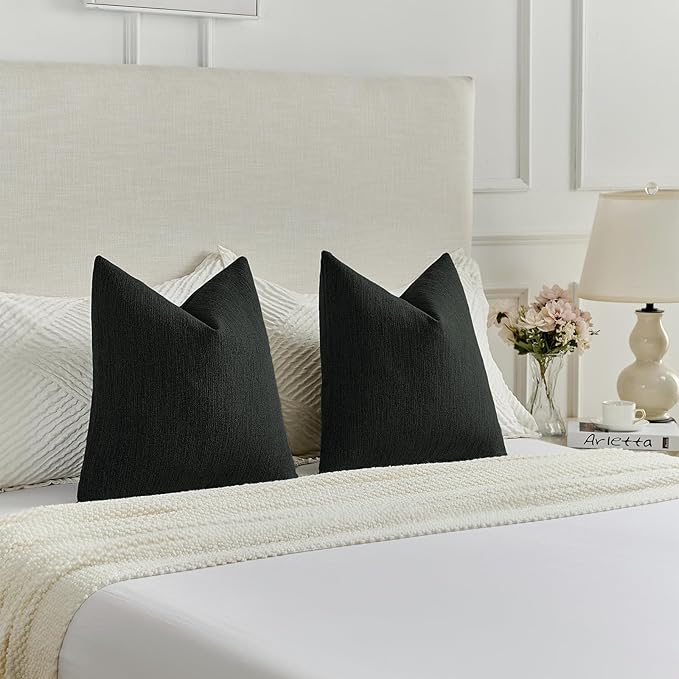 FUTEI Black Chenille Decorative Throw Pillow Covers 16x16 Inch Set of 2,Soft Cozy Faux Linen Textured Cushion Case,Farmhouse Home Decor for Couch Living Room