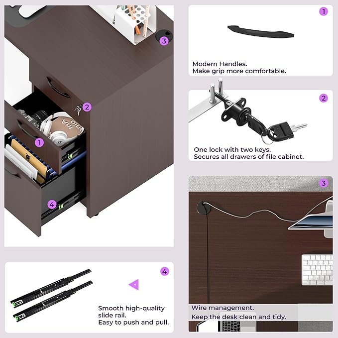 100.4'' Height Adjustable U-Shaped Executive Desk with 3-Drawer File Cabinet and Shelves (Espresso-U)