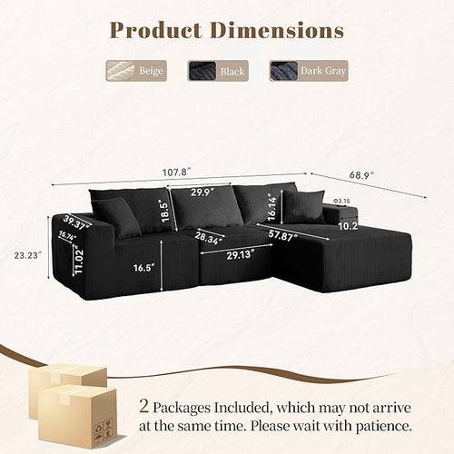 107" Cloud Sectional Couch, Modular Sectional Sofa with L-Shape Chaise, Corduroy Boneless Couch with Deep Seat, Upholstered Sofa for Living Room, No Assembly Required(Right-Facing Chaise, Black)