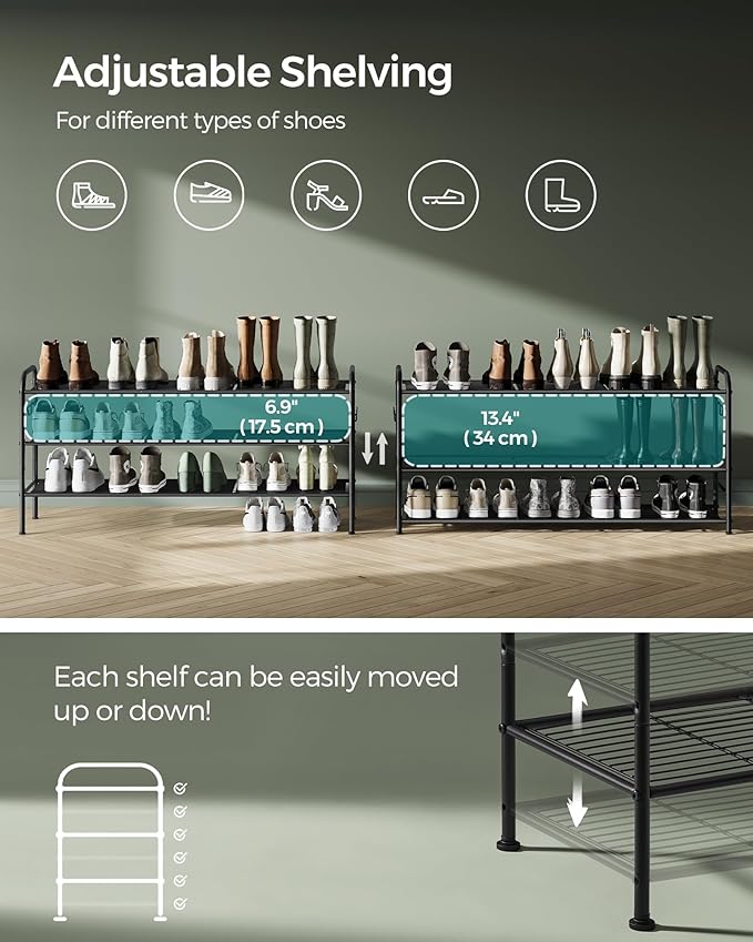 SONGMICS Shoe Rack, 3-Tier Shoe Organizer, Metal Shoe Shelf Storage with 4 Side Hooks, Holds 18 Pairs of Shoes, Height-Adjustable Shoe Rack for Entryway, Hallway, Closet, Easy Assembly, Ink Black