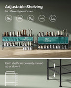 SONGMICS Shoe Rack, 3-Tier Shoe Organizer, Metal Shoe Shelf Storage with 4 Side Hooks, Holds 18 Pairs of Shoes, Height-Adjustable Shoe Rack for Entryway, Hallway, Closet, Easy Assembly, Ink Black