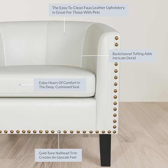 BELLEZE Accent Barrel Chairs Set of 2, Modern Tub Club Chairs Upholstered Armchairs for Living Room, Faux Leather Chairs with Gold Nail Head Trim Black Legs - Kyara (White)
