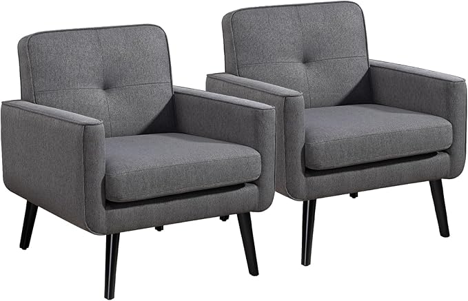 Accent Chair Set of 2, Fabric Modern Chair with Wooden Frame, Cozy Armchair Reading Chair with Comfy Back for Apartment, Living Room, Bedroom, Waiting Room, Small Space, Corner, Grey