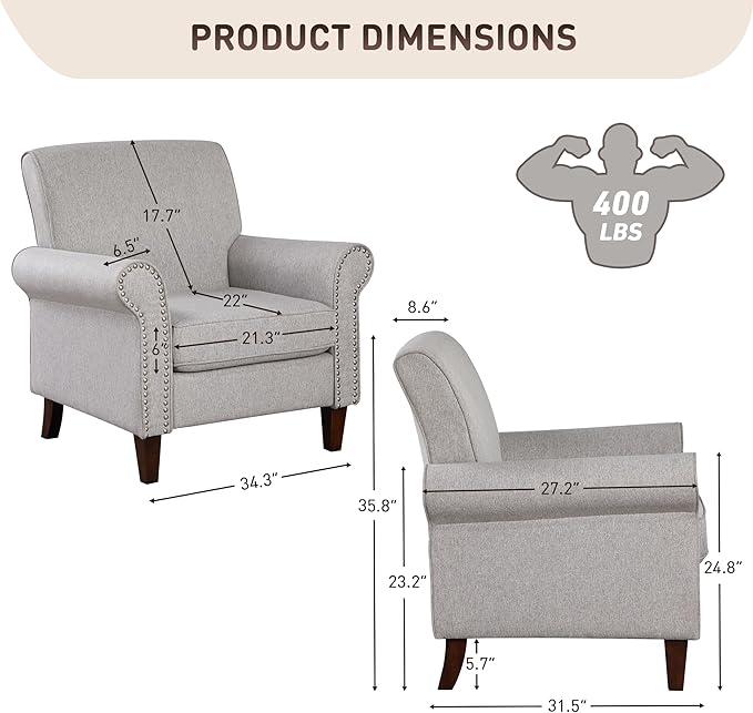 Prilinex Upholstered Living Room Chair Set of 4 - Large Comfy Fabric Accent Chair Single Sofa with Cushion, Rolled Armrest & Nailhead Trim, Mid Century Modern Armchair for Bedroom, Office, Grey
