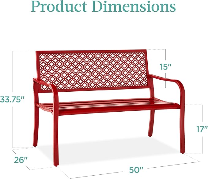 Best Choice Products Outdoor Bench 2-Person Metal Steel Benches Furniture for Garden, Patio, Porch, Entryway w/Geometric Backrest, 790lb Capacity - Rose Red
