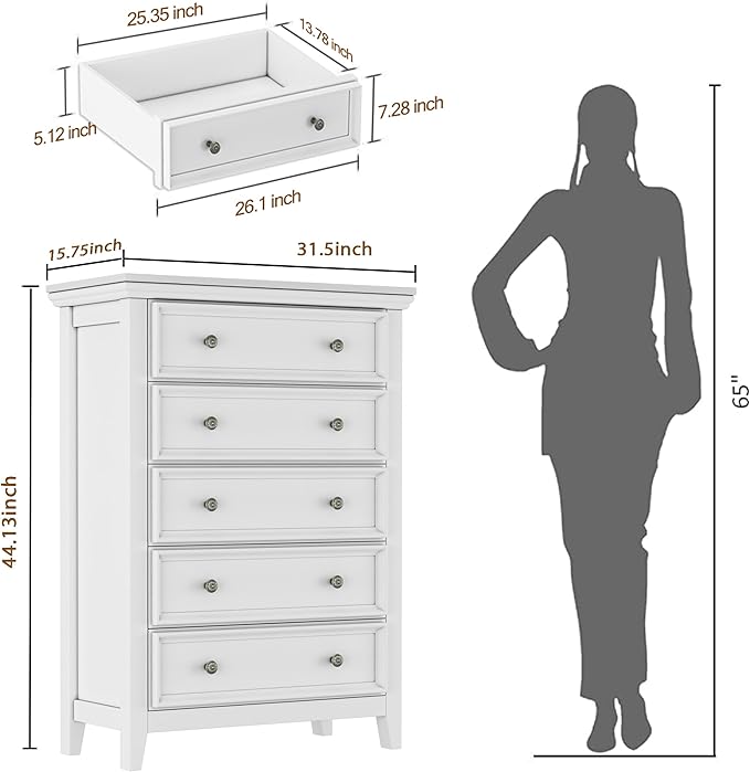 BLANKSPACE White Dresser, 5 Chest Drawer Dresser for Bedroom, Large Capacity Wood Cabinet for Bedroom, Modern Nightstand, Closets, Hallway
