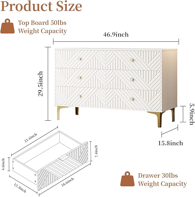 White Wood Dresser for Bedroom, 6 Drawers Dresser with Metal Handles & Embossed Woodgrain, 47" Wide Modern Chest of Drawers for Living Room, Hallway