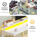 SEDETA White L Shaped Gaming Desk, 66" Home Office Desk with Wood File Drawer, Power Outlet and Led Lights, Corner Computer Desk with Monitor Shelf, Printer Storage Shelves, for Two Person