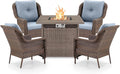 Outdoor Patio Chairs with Fire Pit Table 5 Piece Set - High Back Brown Wicker Rattan Lawn Chair with Thick Cushion for Porch Apartment Deck Yard Poolside Garden - Baby Blue