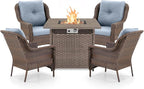 Outdoor Patio Chairs with Fire Pit Table 5 Piece Set - High Back Brown Wicker Rattan Lawn Chair with Thick Cushion for Porch Apartment Deck Yard Poolside Garden - Baby Blue