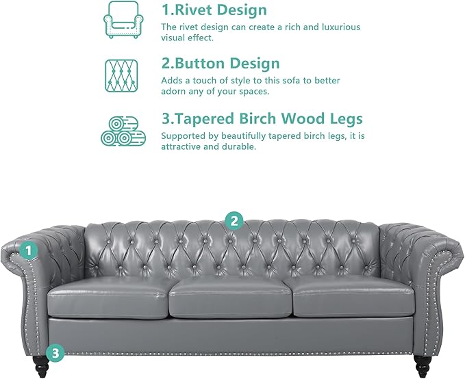 2 Piece Living Room Sofa Set, 3 Seater Faux Leather Sofa Couch and Chair Set, Mid Century Modern Upholstered Couch with Cushions, Vintage Comfy Tufted Chesterfield Couches for Bedroom, Office (Grey)