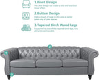 Chesterfield 3 Seater Sofa, Modern Leather Tufted Couch 3 Seater with Rolled Arms and Nailhead Mid-Century Upholstered Couch for Living Room, Bedroom, Apartment and Office, Grey