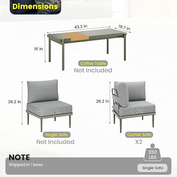 Sundale Outdoor 2 Pieces Metal Patio Furniture Set, Outdoor Sectional Sofa w/6 Inch Olefin Cushion, Modern Outdoor Conversation Sets