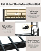 Full XL Over Queen Bunk Bed with Trundle, Heavy-Duty Metal Bunk Bed w/Full-Length Guardrail & EVA Padded Ladder, Convertible to 3 Separate Beds for Adults, Teens, Noise-Free, Black