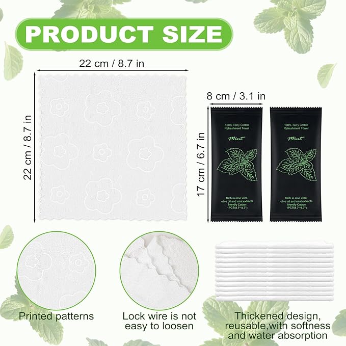 Moist Cotton Towel Bulk Moist Towelettes Individually Wrapped 8.7" x 8.7",White Towel Services,Refreshment Pre Moistened Towels for Travel Sport Party Spa Dentist (1 Count (Pack of 200), Mint)