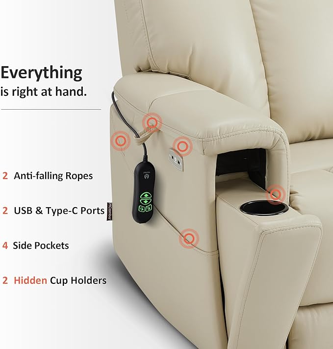MCombo Heavy Duty Lift Chair for Elderly, Extra Wide Dual Motor Power Lift Recliner 450lbs with Hidden Cup Holders, USB Charging, Breathable Faux Leather R7777 (Cream White)