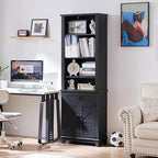 72in Tall Bookshelf 7 Tier Bookcase with Drawer and Barn Doors and Adjustable Shelves, Black Farmhouse Book Shelf with Storage Cabinet, Wood Freestanding Display Bookshelves for Kitchen (2PCS)