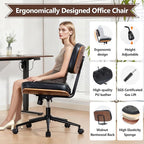 Armless Computer Chair, Small Desk Chair with Wheels and Adjustable Height, PU Leather Modern Swivel Walnut Task Chair for Home Office, Study, Library, Black