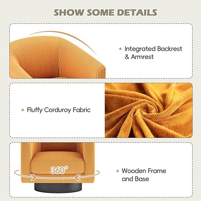 360° Swivel Accent Chairs, Modern Bucket Chair, Corduroy Barrel Armchair, Comfy Boucle Chair, Single Sofa for Living Room Bedroom. Orange