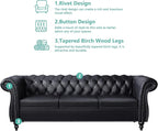 2 Piece Living Room Sofa Set, 3 Seater Faux Leather Sofa Couch and Chair Set, Mid Century Modern Upholstered Couch with Cushions, Vintage Comfy Tufted Chesterfield Couches for Bedroom, Office (Black)