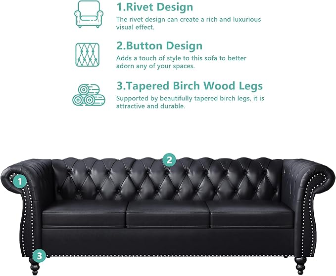 2 Piece Living Room Sofa Set, 3 Seater Faux Leather Sofa Couch and Chair Set, Mid Century Modern Upholstered Couch with Cushions, Vintage Comfy Tufted Chesterfield Couches for Bedroom, Office (Black)